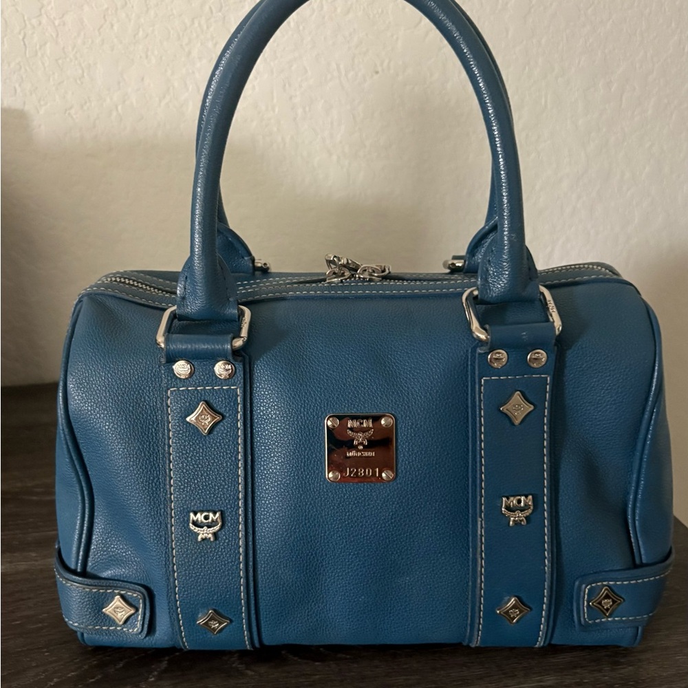 MCM Blue Leather Boston Bag with Silver Accents